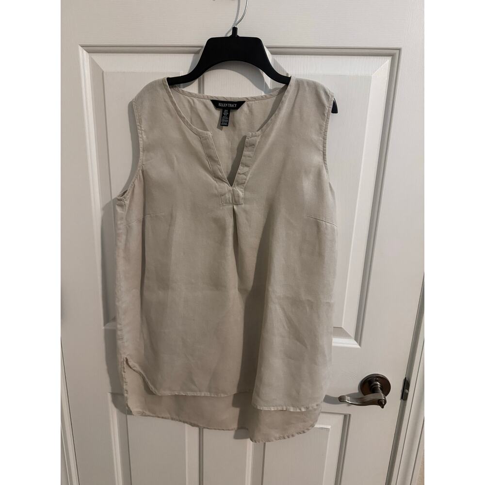Ellen Tracy New Linen Sleeveless Popover V-neck Natural Beige Hi Low Medium